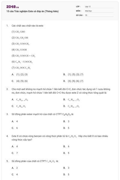 15 câu Trắc nghiệm Este có đáp án (Thông hiểu)