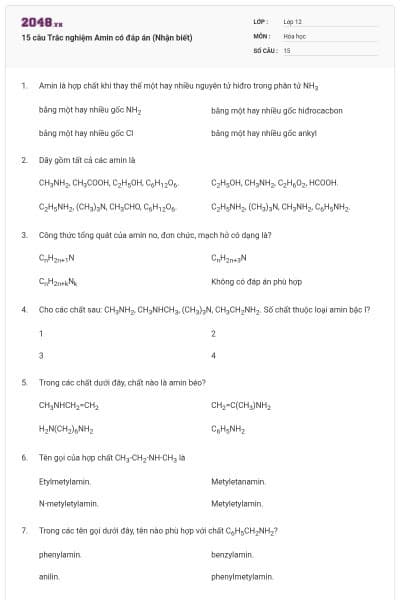 15 câu Trắc nghiệm Amin có đáp án (Nhận biết)