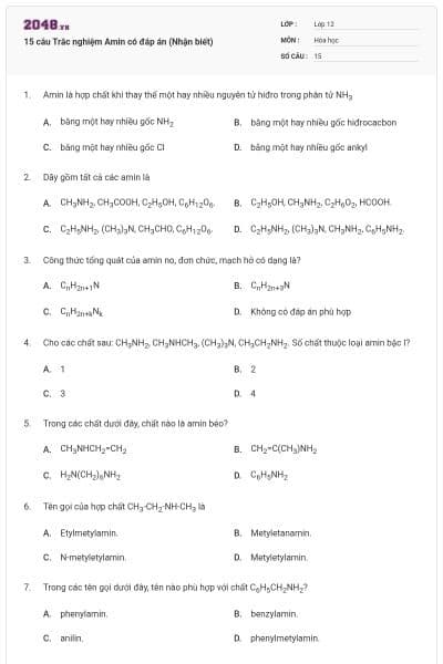 15 câu Trắc nghiệm Amin có đáp án (Nhận biết)