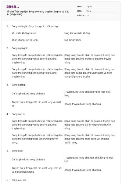 15 câu Trắc nghiệm Sóng cơ và sự truyền sóng cơ có đáp án (Nhận biết)