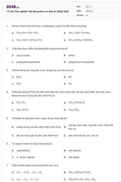 15 câu Trắc nghiệm Vật liệu polime có đáp án (Nhận biết)
