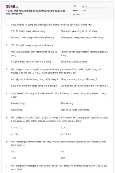 15 câu Trắc nghiệm Sóng cơ và sự truyền sóng cơ có đáp án (Thông hiểu)