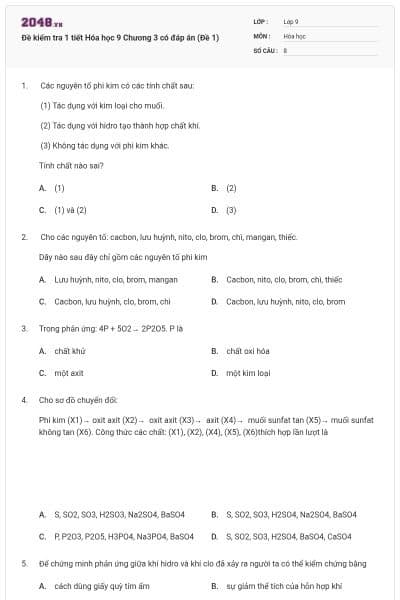Đề kiểm tra 1 tiết Hóa học 9 Chương 3 có đáp án (Đề 1)