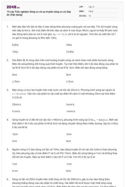 15 câu Trắc nghiệm Sóng cơ và sự truyền sóng cơ có đáp án (Vận dụng)