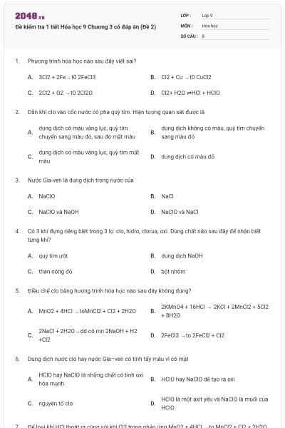 Đề kiểm tra 1 tiết Hóa học 9 Chương 3 có đáp án (Đề 2)