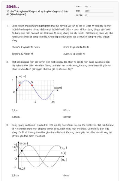 10 câu Trắc nghiệm Sóng cơ và sự truyền sóng cơ có đáp án (Vận dụng cao)