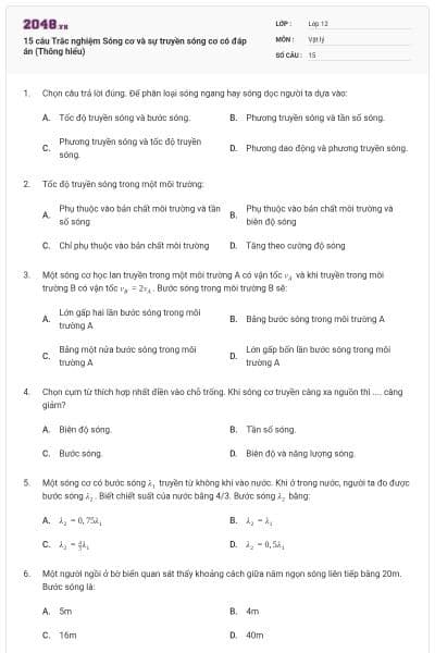 15 câu Trắc nghiệm Sóng cơ và sự truyền sóng cơ có đáp án (Thông hiểu)