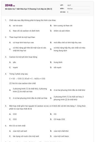 Đề kiểm tra 1 tiết Hóa học 9 Chương 3 có đáp án (Đề 3)