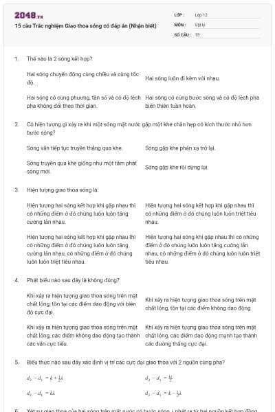 15 câu Trắc nghiệm Giao thoa sóng có đáp án (Nhận biết)