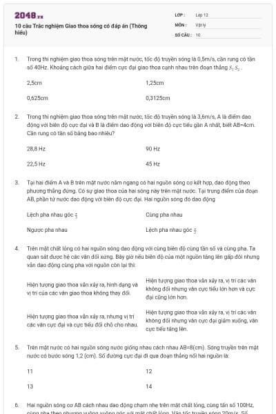 10 câu Trắc nghiệm Giao thoa sóng có đáp án (Thông hiểu)