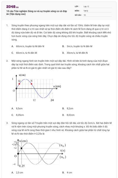 10 câu Trắc nghiệm Sóng cơ và sự truyền sóng cơ có đáp án (Vận dụng cao)