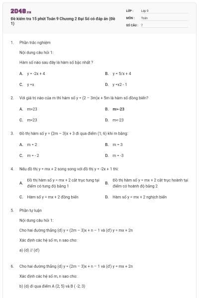 Đề kiểm tra 15 phút Toán 9 Chương 2 Đại Số có đáp án (Đề 1)