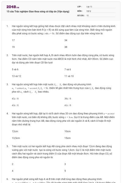 15 câu Trắc nghiệm Giao thoa sóng có đáp án (Vận dụng)