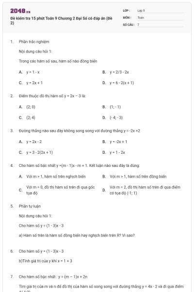 Đề kiểm tra 15 phút Toán 9 Chương 2 Đại Số có đáp án (Đề 2)