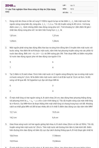 11 câu Trắc nghiệm Giao thoa sóng có đáp án (Vận dụng cao)