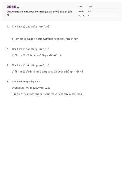 Đề kiểm tra 15 phút Toán 9 Chương 2 Đại Số có đáp án (Đề 3)