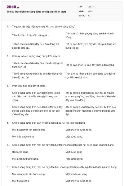 10 câu Trắc nghiệm Sóng dừng có đáp án (Nhận biết)