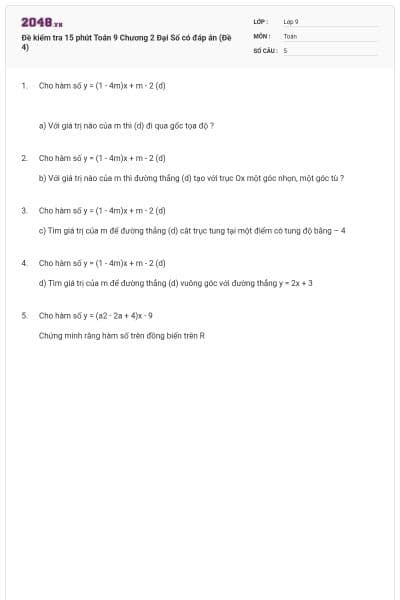 Đề kiểm tra 15 phút Toán 9 Chương 2 Đại Số có đáp án (Đề 4)