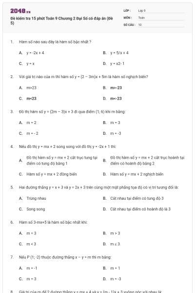 Đề kiểm tra 15 phút Toán 9 Chương 2 Đại Số có đáp án (Đề 5)