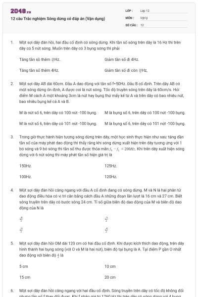 12 câu Trắc nghiệm Sóng dừng có đáp án (Vận dụng)