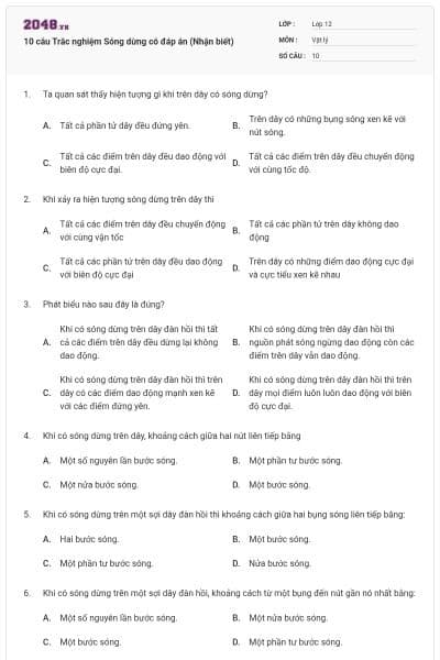 10 câu Trắc nghiệm Sóng dừng có đáp án (Nhận biết)