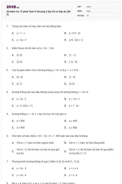 Đề kiểm tra 15 phút Toán 9 Chương 2 Đại Số có đáp án (Đề 6)
