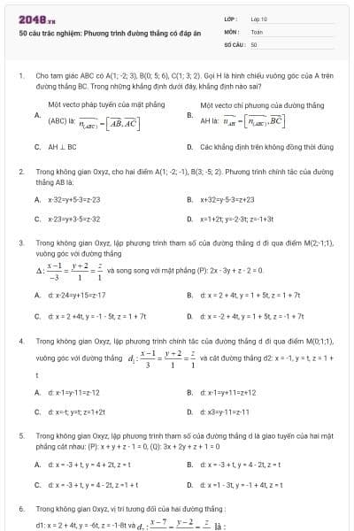50 câu trắc nghiệm: Phương trình đường thẳng có đáp án