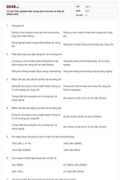 12 câu Trắc nghiệm Đặc trưng vật lí của âm có đáp án (Nhận biết)