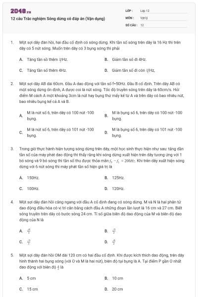 12 câu Trắc nghiệm Sóng dừng có đáp án (Vận dụng)