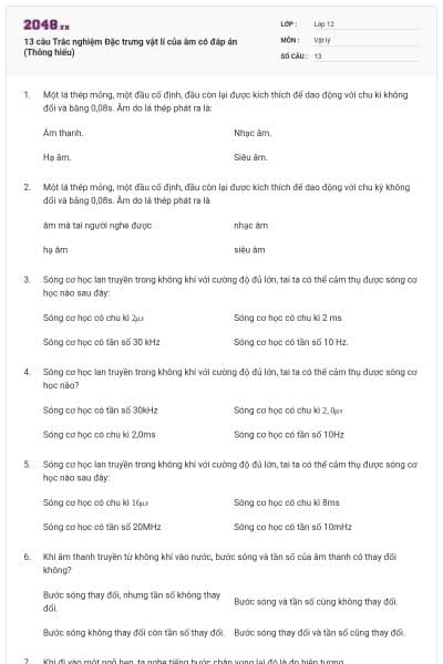 13 câu Trắc nghiệm Đặc trưng vật lí của âm có đáp án (Thông hiểu)