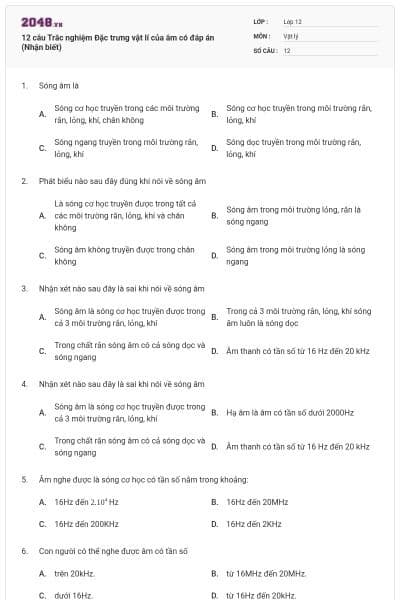 12 câu Trắc nghiệm Đặc trưng vật lí của âm có đáp án (Nhận biết)