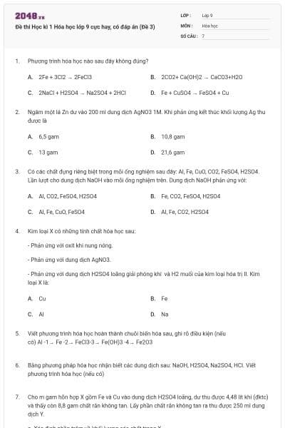Đề thi Học kì 1 Hóa học lớp 9 cực hay, có đáp án (Đề 3)