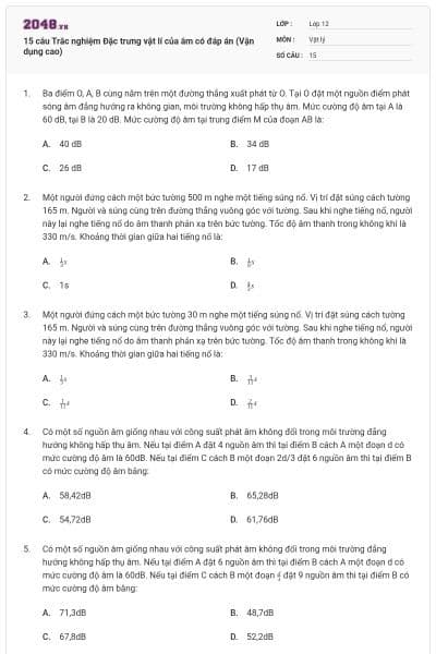 15 câu Trắc nghiệm Đặc trưng vật lí của âm có đáp án (Vận dụng cao)