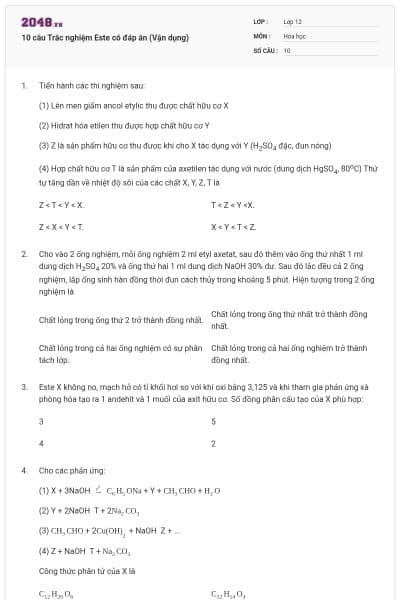 10 câu Trắc nghiệm Este có đáp án (Vận dụng)