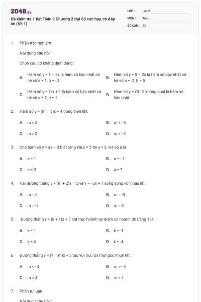 Đề kiểm tra 1 tiết Toán 9 Chương 2 Đại Số cực hay, có đáp án (Đề 1)