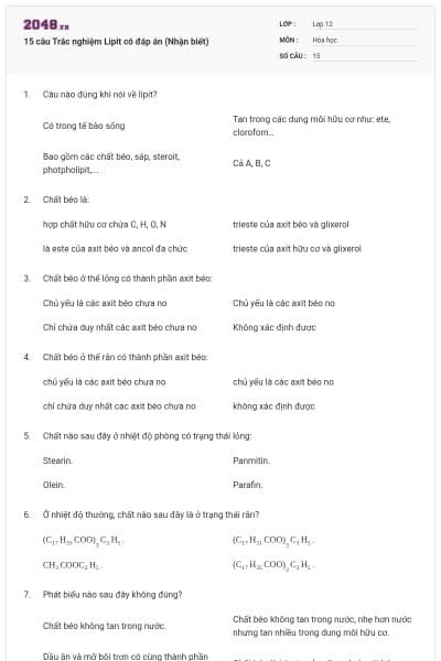 15 câu Trắc nghiệm Lipit có đáp án (Nhận biết)