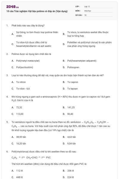 10 câu Trắc nghiệm Vật liệu polime có đáp án (Vận dụng)