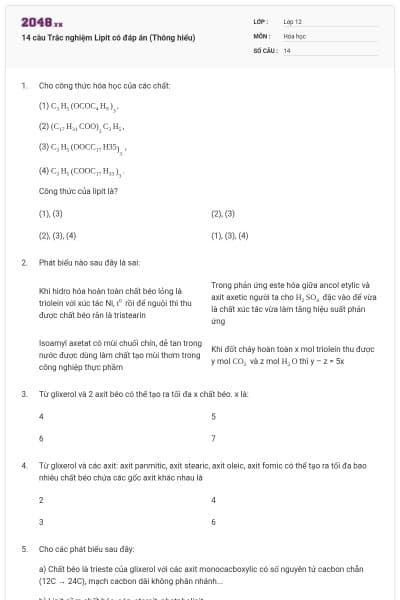 14 câu Trắc nghiệm Lipit có đáp án (Thông hiểu)