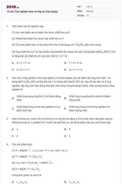 10 câu Trắc nghiệm Este có đáp án (Vận dụng)