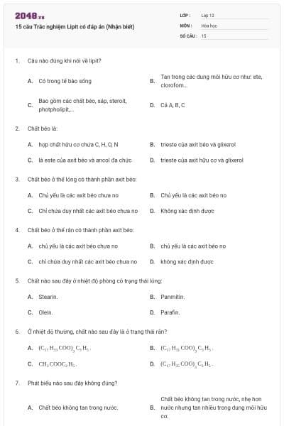 15 câu Trắc nghiệm Lipit có đáp án (Nhận biết)