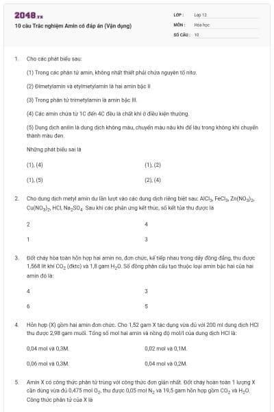 10 câu Trắc nghiệm Amin có đáp án (Vận dụng)