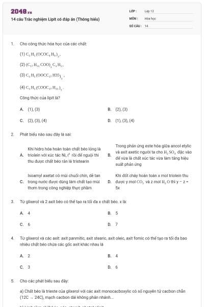 14 câu Trắc nghiệm Lipit có đáp án (Thông hiểu)