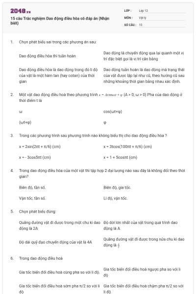 15 câu Trắc nghiệm Dao động điều hòa có đáp án (Nhận biết)
