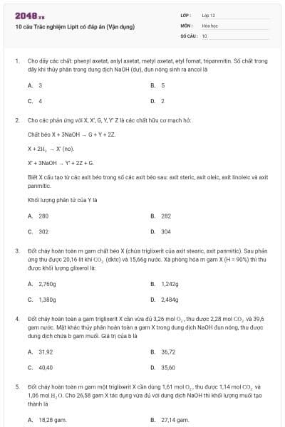 10 câu Trắc nghiệm Lipit có đáp án (Vận dụng)
