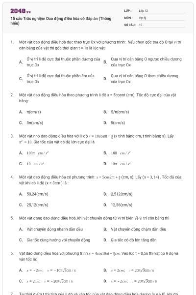 15 câu Trắc nghiệm Dao động điều hòa có đáp án (Thông hiểu)