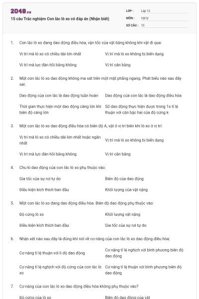 15 câu Trắc nghiệm Con lắc lò xo có đáp án (Nhận biết)