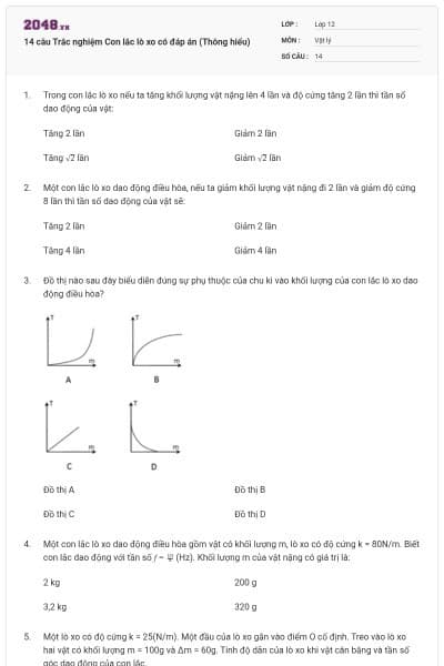 14 câu Trắc nghiệm Con lắc lò xo có đáp án (Thông hiểu)