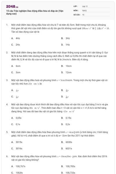 15 câu Trắc nghiệm Dao động điều hòa có đáp án (Vận dụng cao)