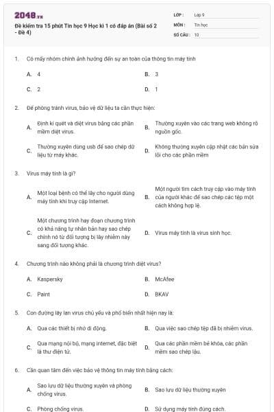 Đề kiểm tra 15 phút Tin học 9 Học kì 1 có đáp án (Bài số 2 - Đề 4)