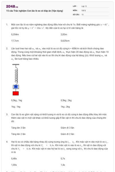 15 câu Trắc nghiệm Con lắc lò xo có đáp án (Vận dụng)